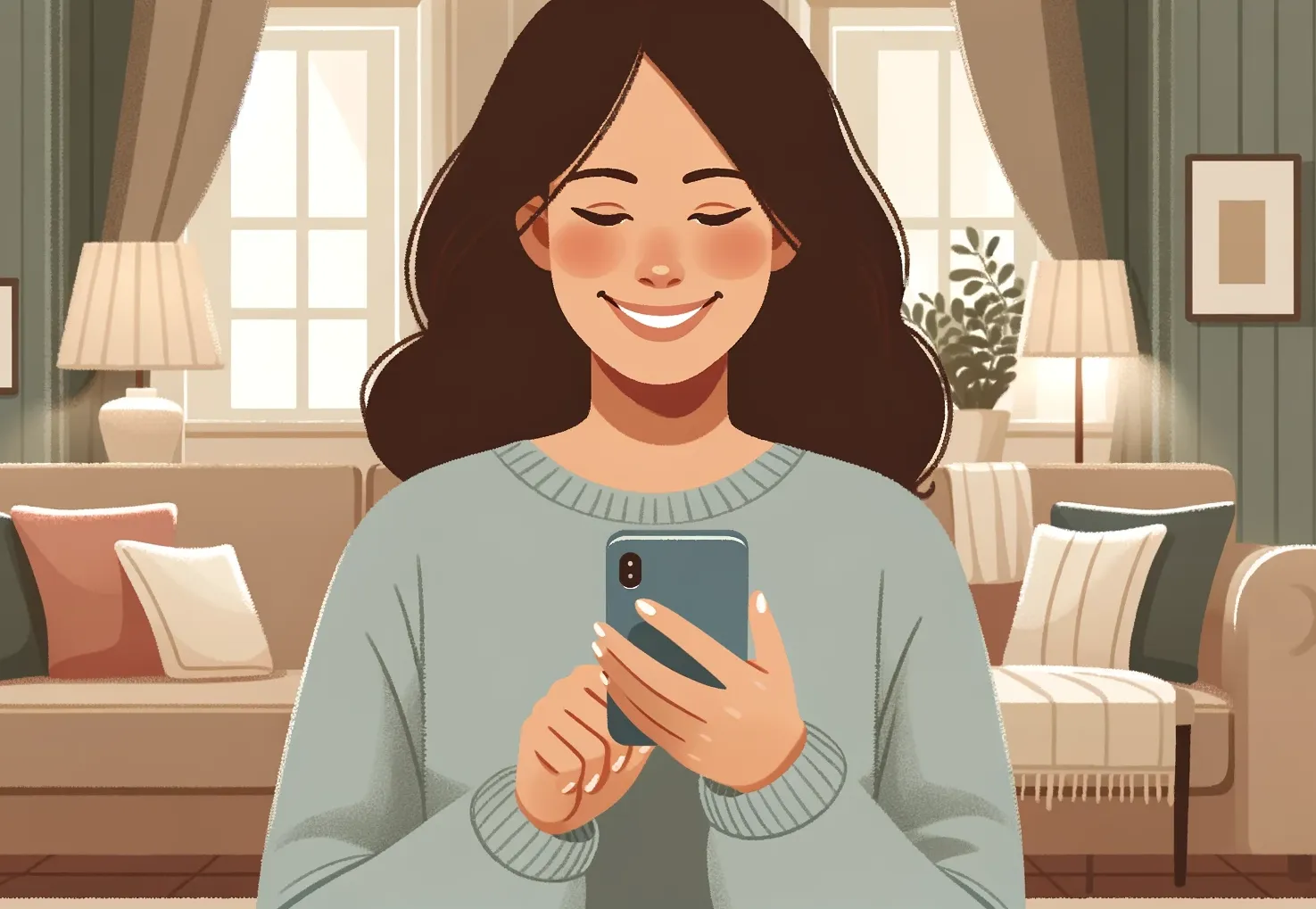 An image of a woman looking at her phone smiling