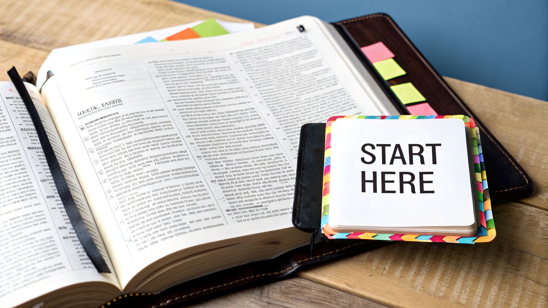 A person reading a bible with a cup of coffee.