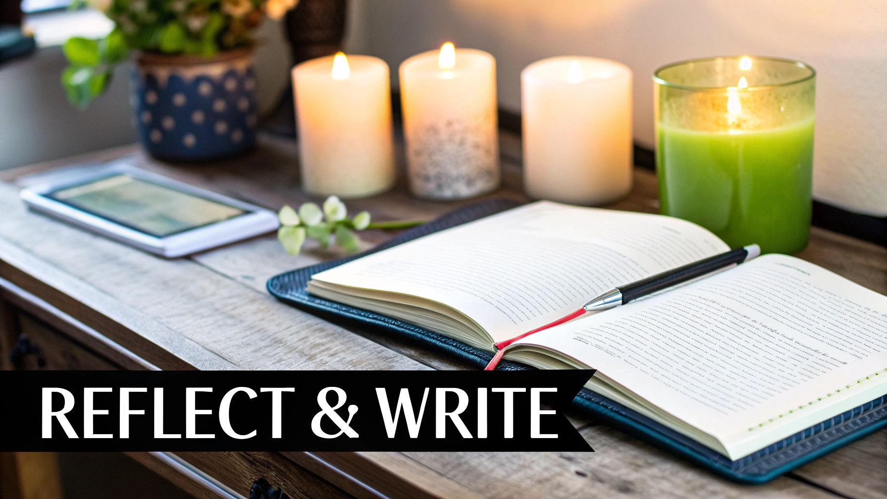 A woman writing in a journal with a cup of coffee beside her.