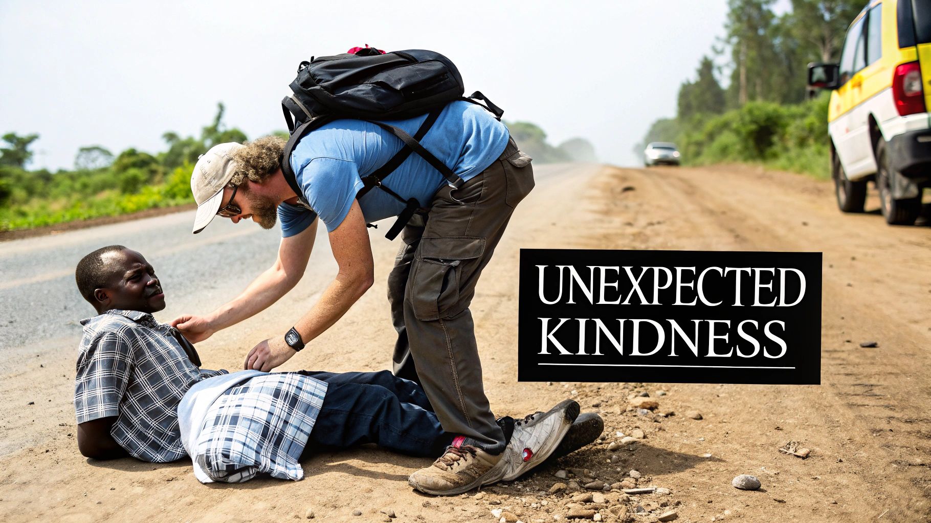 The Good Samaritan helps the injured man.